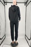 Black Casual Solid Patchwork Hooded Collar Long Sleeve Two Pieces