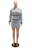 Grey Fashion Casual Solid Patchwork Fold Zipper Collar Long Sleeve Two Pieces