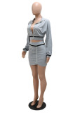 Grey Fashion Casual Solid Patchwork Fold Zipper Collar Long Sleeve Two Pieces