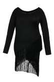 Black Sexy Casual Solid Tassel Patchwork Asymmetrical O Neck Long Sleeve Plus Size Dresses