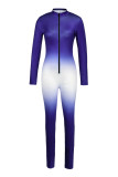 ブルーファッションカジュアル段階的変更プリントベーシックジッパーカラースキニージャンプスーツ