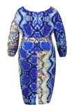 Синий сексуальный принт с поясом V-образным вырезом Прямые платья больших размеров