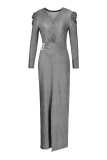 グレー ファッション カジュアル ソリッド パッチワーク スリット V ネック イブニング ドレス
