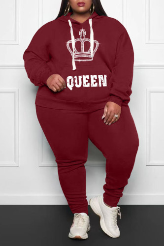 Burgundy Casual Print Patchwork Hooded Collar Plus Size Two Pieces
