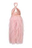 Vestido longo rosa sexy plus size patchwork transparente sem costas