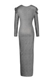 グレー ファッション カジュアル ソリッド パッチワーク スリット V ネック イブニング ドレス