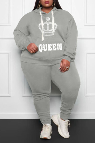 Grey Casual Print Patchwork Hooded Collar Plus Size Two Pieces