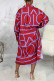 Robe chemise à col rabattu à imprimé patchwork décontracté rouge Robes