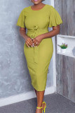 ライトグリーンファッションカジュアルソリッド包帯Oネックペンシルスカートドレス