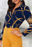 Navy Blue Casual Print Patchwork Buckle Turndown Collar Tops
