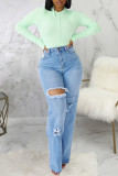 Jeans denim reto de cintura alta casual moda casual bebê azul rasgado
