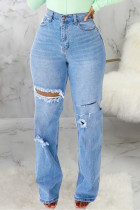 Jeans de mezclilla rectos de cintura alta rasgados sólidos informales de moda azul bebé