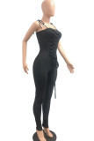 Macacão skinny preto fashion sexy bandagem sólida sem costas com alça de espaguete