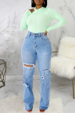 Babyblått Mode Casual Solid Ripped hög midja raka jeans jeans