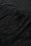 Schwarze sexy lässige solide Quaste Patchwork asymmetrische O-Ausschnitt Langarm Plus Size Kleider