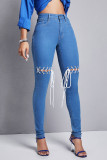 Jeans Jeans jeans cintura alta com bandagem lisa azul médio vazado patchwork