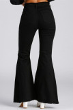 Black Fashion Casual Solid Ripped High Waist Boot Cut Denim Jeans