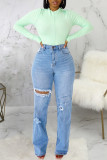 Baby Blue Fashion Casual Solid Ripped High Waist Straight Denim Jeans