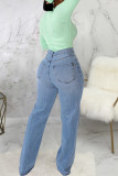 Jeans denim reto de cintura alta casual moda casual bebê azul rasgado