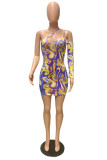 Purple Fashion Sexy Print Hollowed Out Backless One Shoulder Long Sleeve Dresses