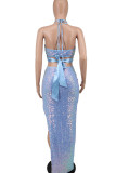 Blue Sexy Solid Bandage Sequins Patchwork Slit Halter Sleeveless Two Pieces