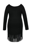 Black Sexy Casual Solid Tassel Patchwork Asymmetrical O Neck Long Sleeve Plus Size Dresses