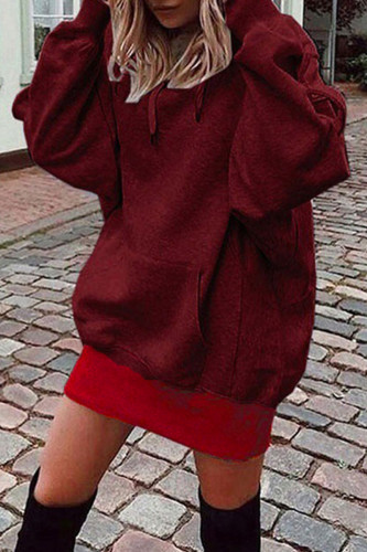 Burgundy Fashion Casual Solid Patchwork Hooded Collar Long Sleeve Dresses