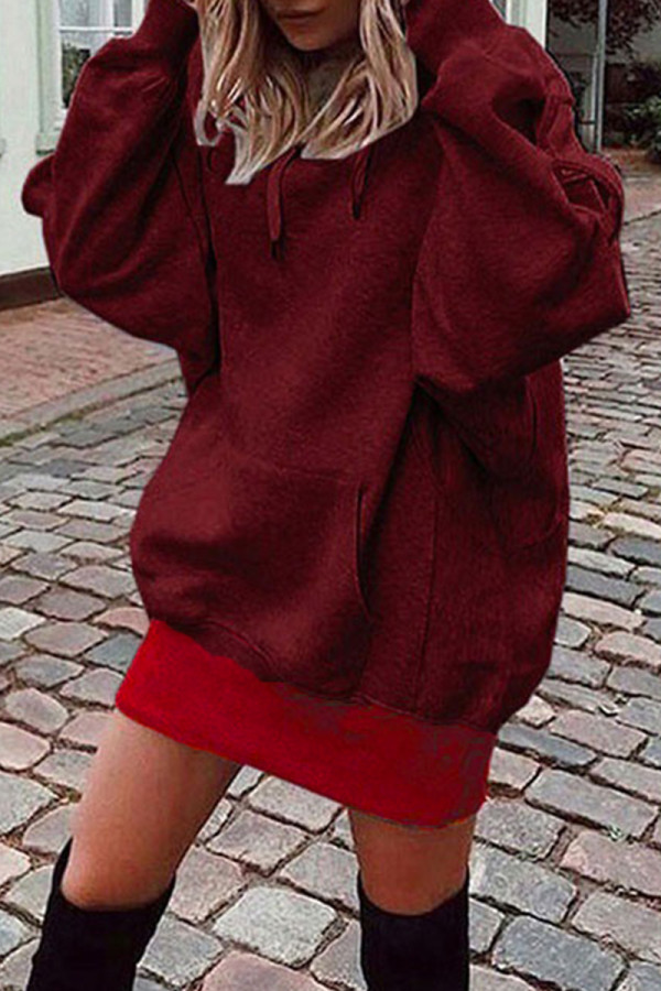 バーガンディ ファッション カジュアル ソリッド パッチワーク フード付き襟長袖ドレス
