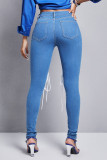 Medium Blue Street Solid Bandage urholkat Patchwork Jeans med hög midja