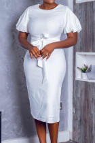 Vestidos de saia lápis com gola redonda branca moda casual atadura sólida