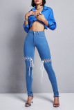 Medium Blue Street Solid Bandage Hollowed Out Patchwork High Waist Lace Up Denim Jeans