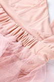 Vestido longo rosa sexy plus size patchwork transparente sem costas