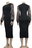 Black Casual Solid Sequins Patchwork O Neck One Step Skirt Dresses