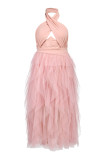 Pink Sexy Plus Size Patchwork See-through Backless Halter Long Dress