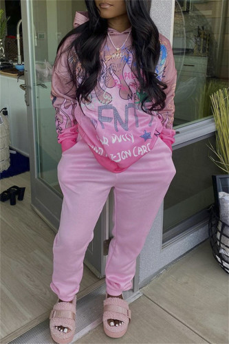 Pink Fashion Casual Print Basic Half A Turtleneck Long Sleeve Two Pieces