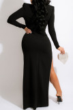 Black Sexy Solid Lace Patchwork Asymmetrical Hot Drill Asymmetrical Collar Long Sleeve Two Pieces