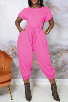 Conjunto de top de duas peças rosa moda casual cor sólida halter manga curta