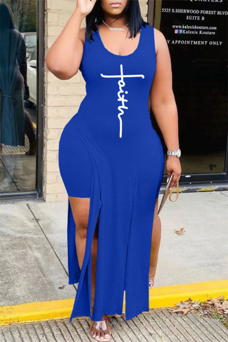 Blue Fashion Sexy Print Slit Vests U Neck Sleeveless Two Pieces