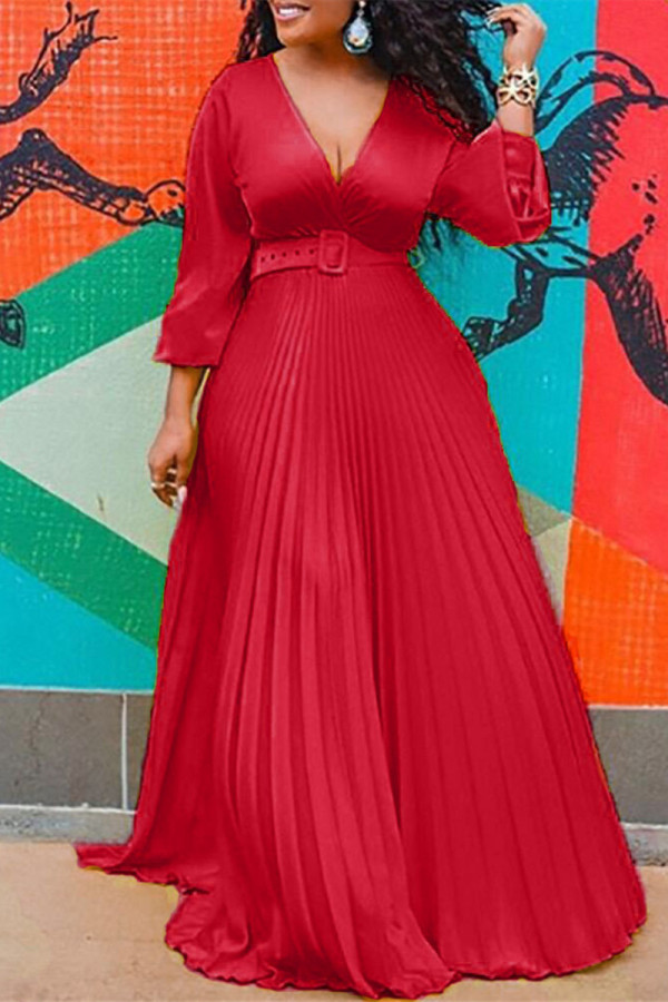 ベルトVネックプリーツドレスと赤いファッションカジュアルソリッド