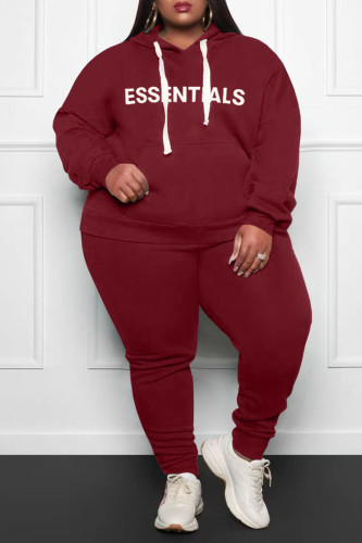 Burgundy Casual Print Patchwork Hooded Collar Plus Size Two Pieces