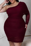Burgundy Sexy Solid Patchwork Fold Asymmetrical Oblique Collar One Step Skirt Plus Size Dresses