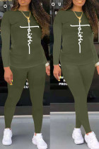 Army Green Fashion Casual Print Basic O-Ausschnitt Langarm Zweiteiler
