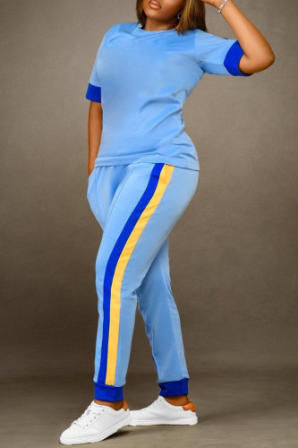 Peacock Blue Fashion Casual Patchwork Basic O Neck Short Sleeve Two Pieces