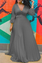 ベルトVネックプリーツドレスとグレーのファッションカジュアルソリッド