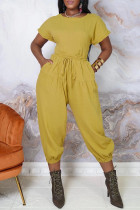 Geel mode casual effen kleur halter top met korte mouwen tweedelige set