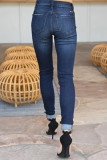 Jean skinny en denim taille haute déchiré à la mode décontracté bleu foncé