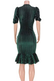 Чернильно-зеленые элегантные полосатые лоскутные платья-русалка с V-образным вырезом и раструбом