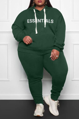 Green Casual Print Patchwork Hooded Collar Plus Size Two Pieces
