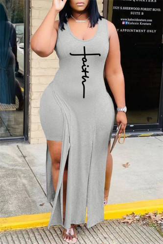 Grey Fashion Sexy Print Slit Vests U Neck Sleeveless Two Pieces