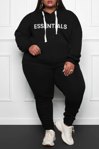 Black Casual Print Patchwork Hooded Collar Plus Size Two Pieces